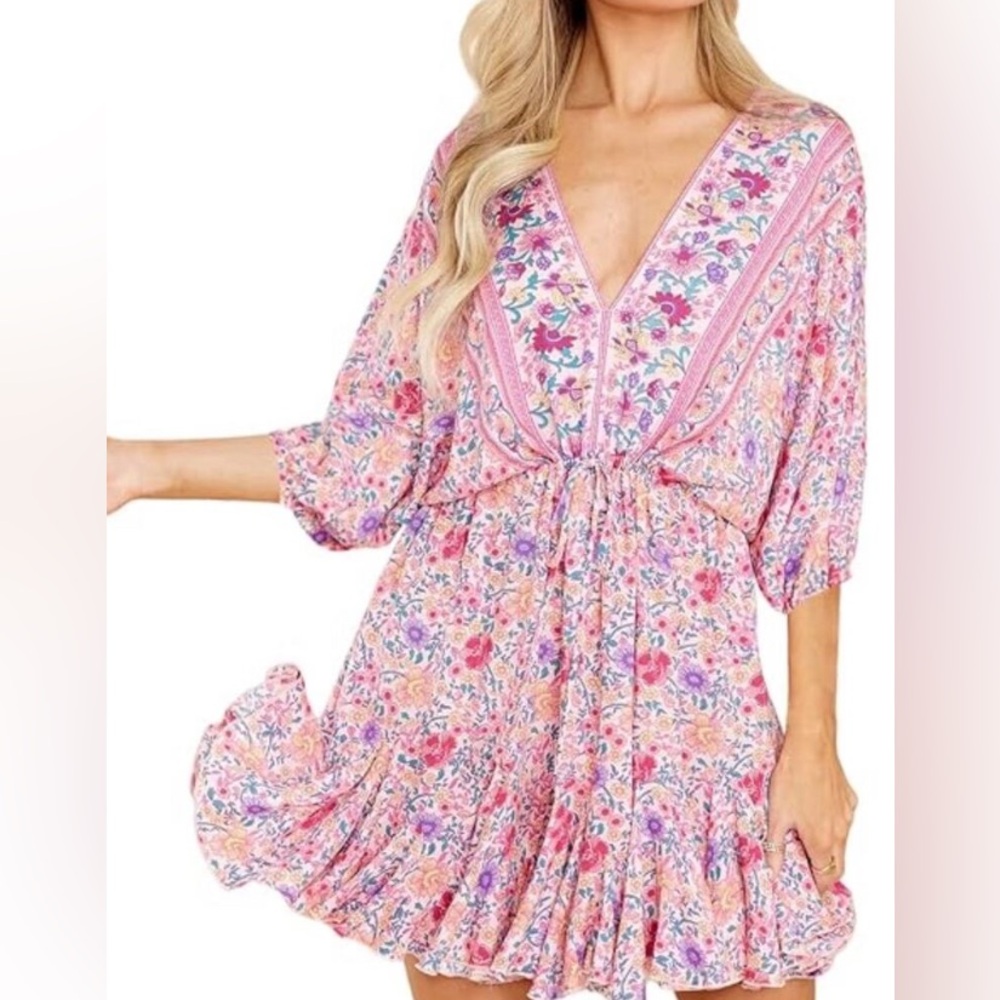 Aakaa Pink Floral V-Neck Midi Dress